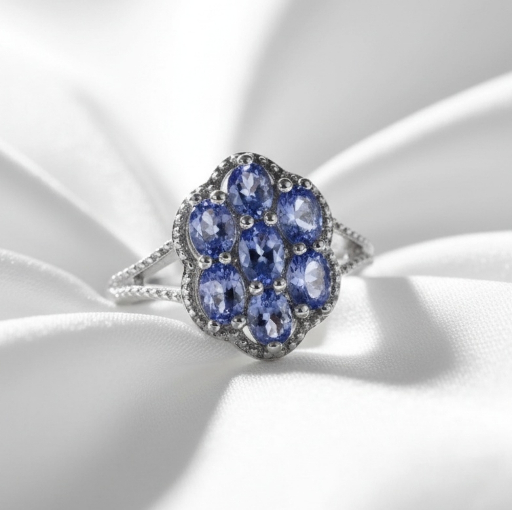 Tanzanite Cluster Floral Ring In Platinum Over Sterling Silver 1.15 CTW